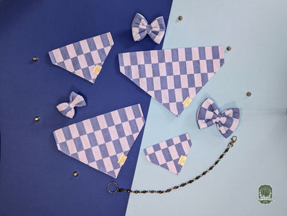 Pet accessory set with checkered pattern on a blue and purple background