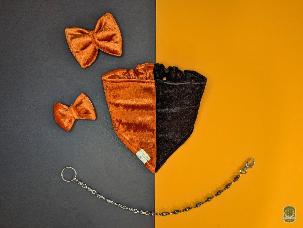 Half & Half Black and Orange Velvet | Elastic Dog Bandana