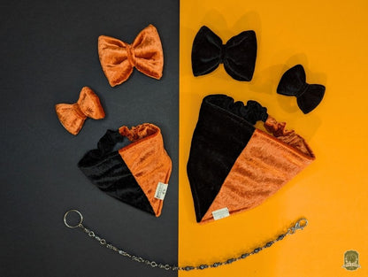 Half & Half Black and Orange Velvet | Elastic Dog Bandana