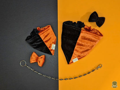 Half & Half Black and Orange Velvet | Elastic Dog Bandana