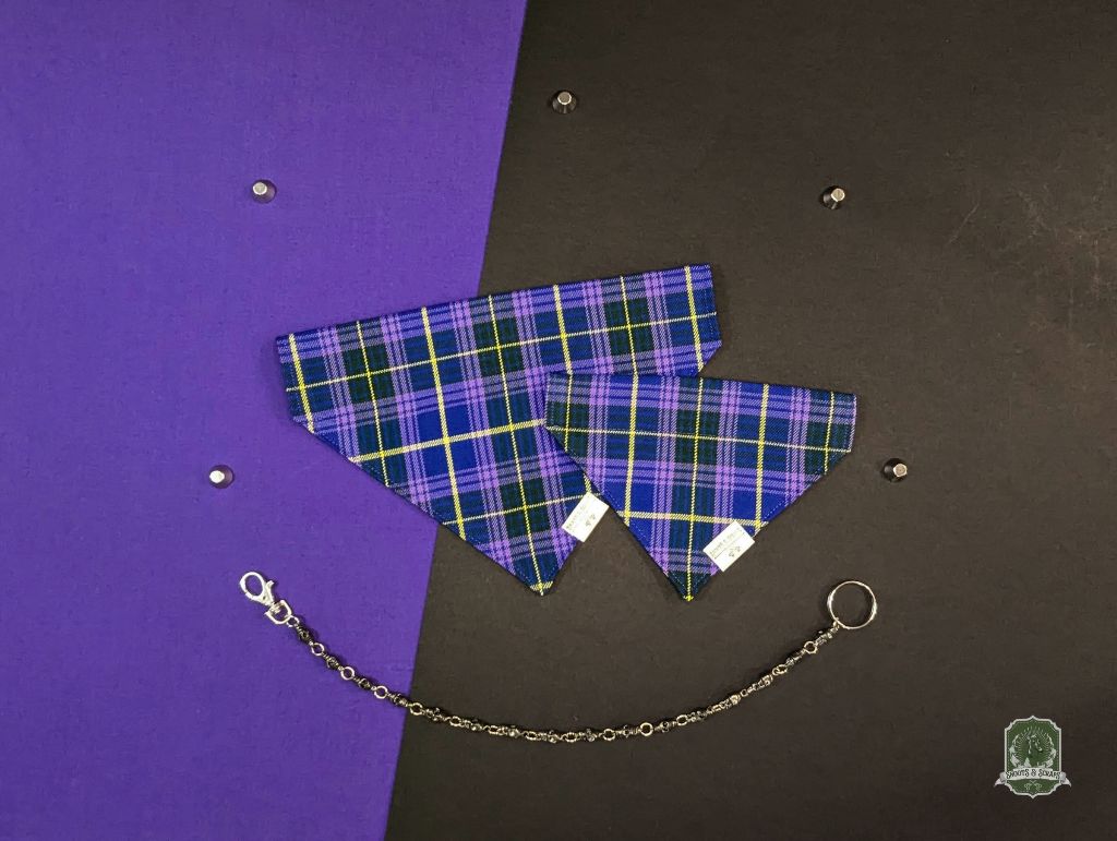 slide on collar violet tartan Plaid dog bandana with chain on a purple and black background