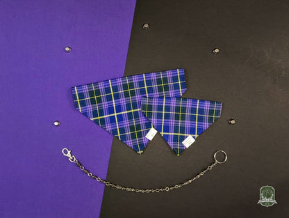 slide on collar violet tartan Plaid dog bandana with chain on a purple and black background