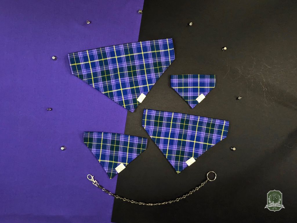 violet tartan Plaid dog bandanas on a purple and black background
