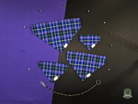 violet tartan Plaid dog bandanas on a purple and black background